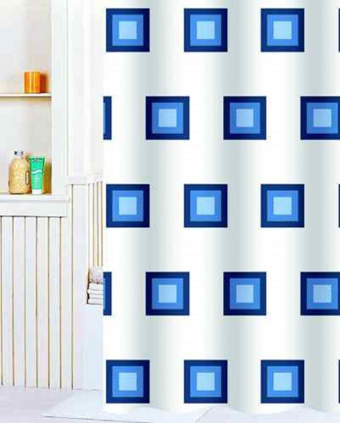 Duschvorhang Textil 180 x 200 mit Ringen Karo hell blau
